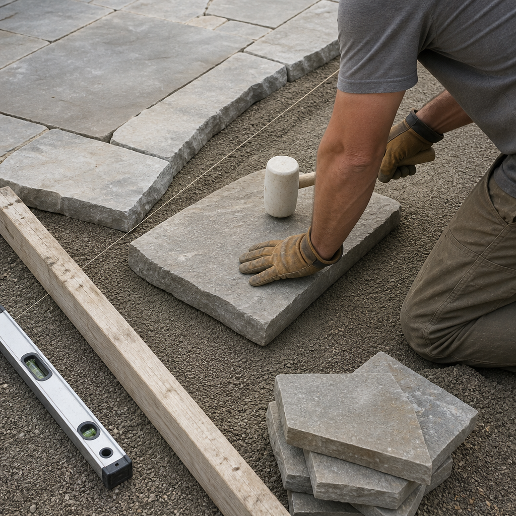 Landscape mason seating a flagstone with a rubber mallet