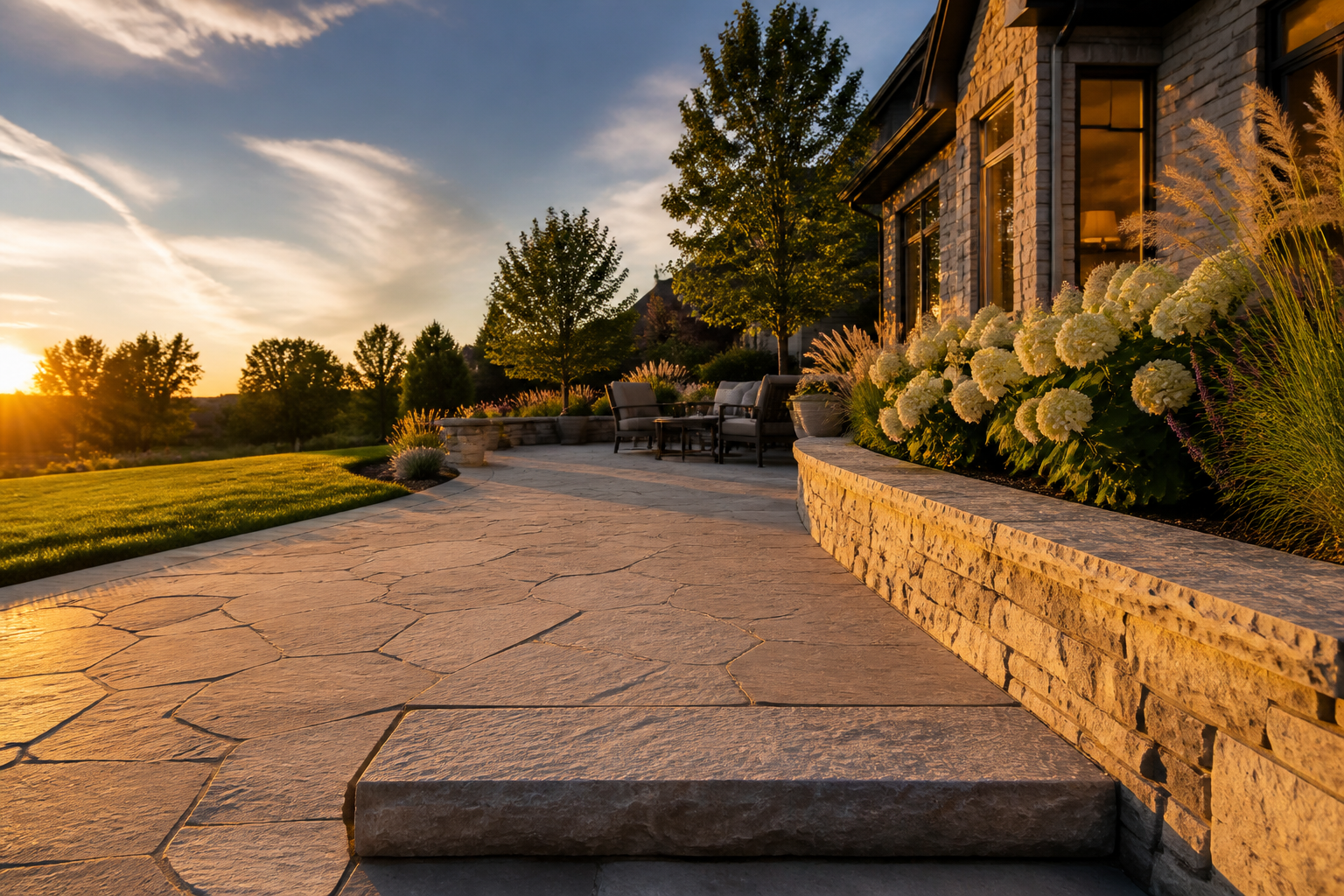 Flagstone terrace with dry-stacked limestone retaining wall behind an Overland Park home