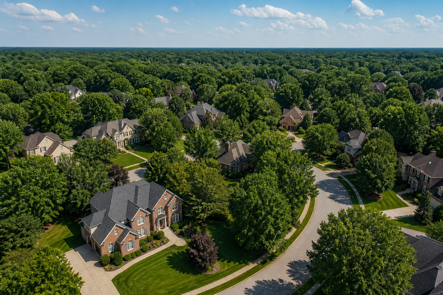 Aerial view of an established Overland Park neighborhood with mature tree canopy