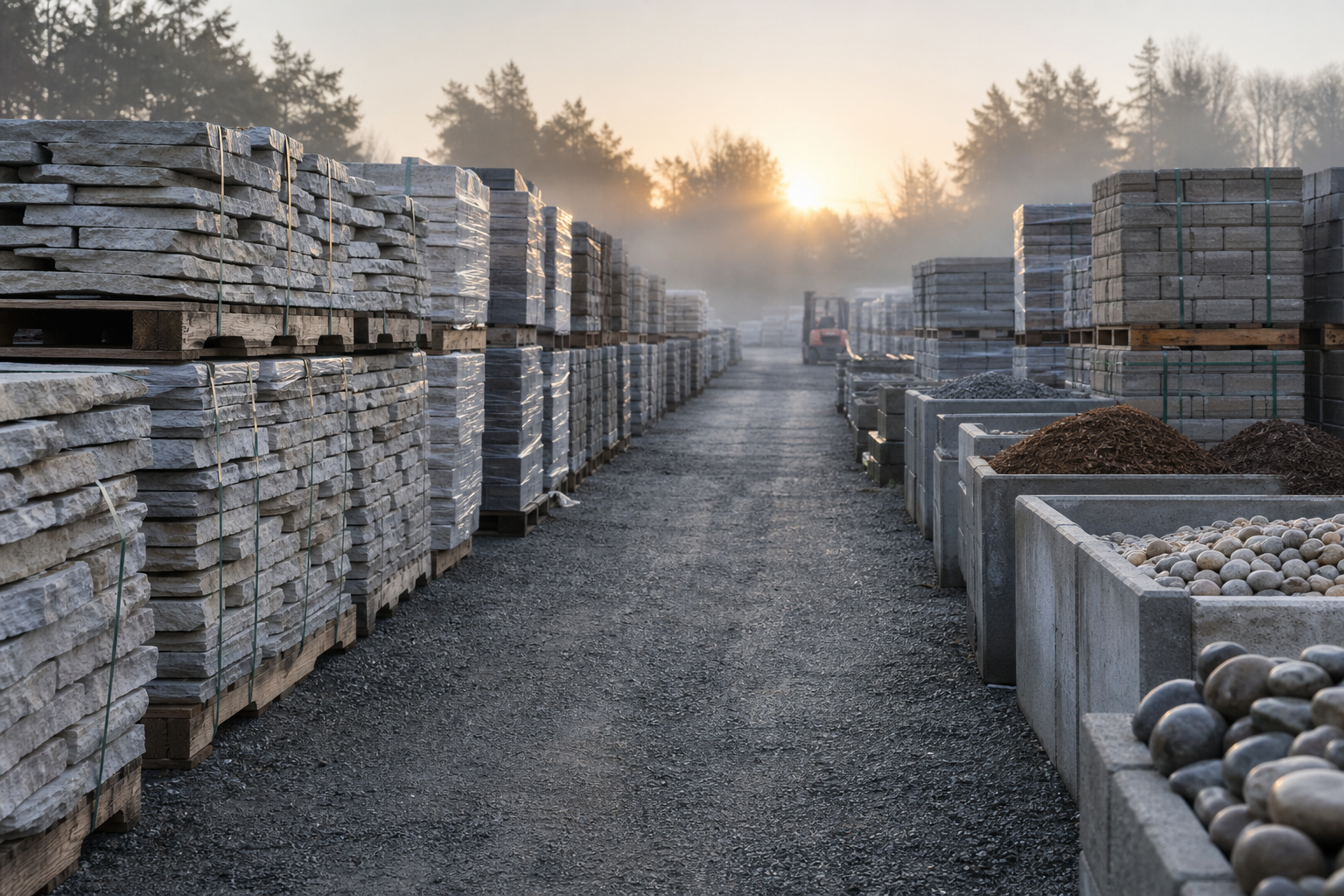 Stone material yard with stacked pallets of natural stone and pavers